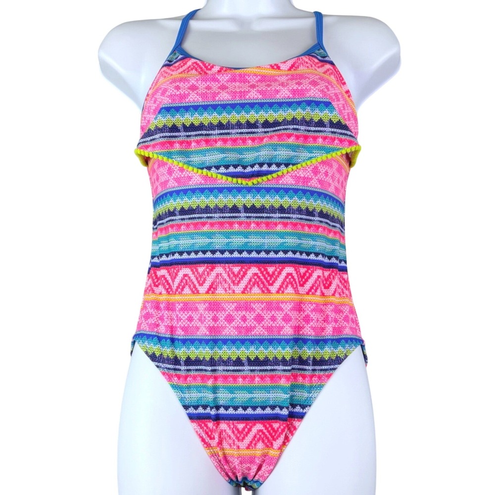 Tommy Bahama Girls 14 Pink Multi One Piece Swimsuit Pom Pom‎ Ruffle UPF 50 NWT